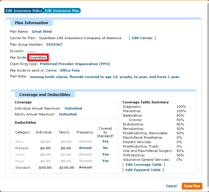 Fee Guide Dropdown