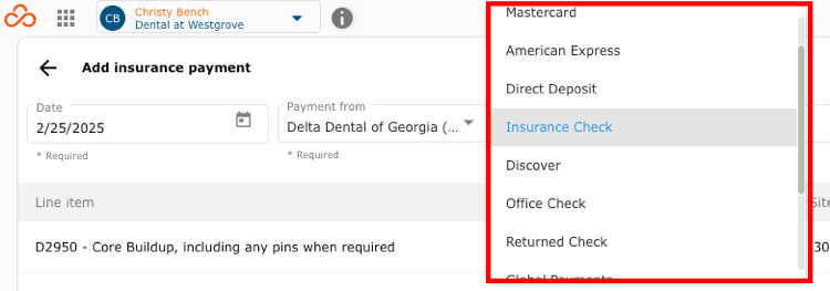Payment type dropdown