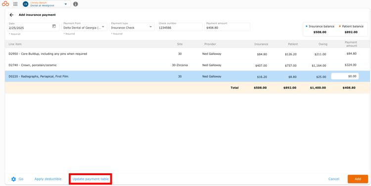 Update payment table button