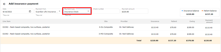 Payment type dropdown