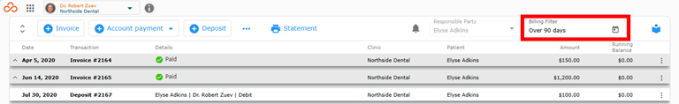 Billing Filter Menu screenshot
