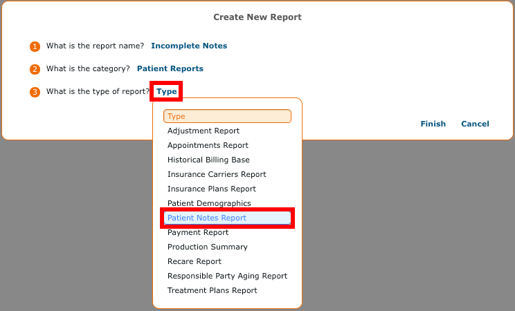 Selecting Patient Notes Report type