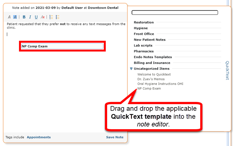 Dragging QuickText Template